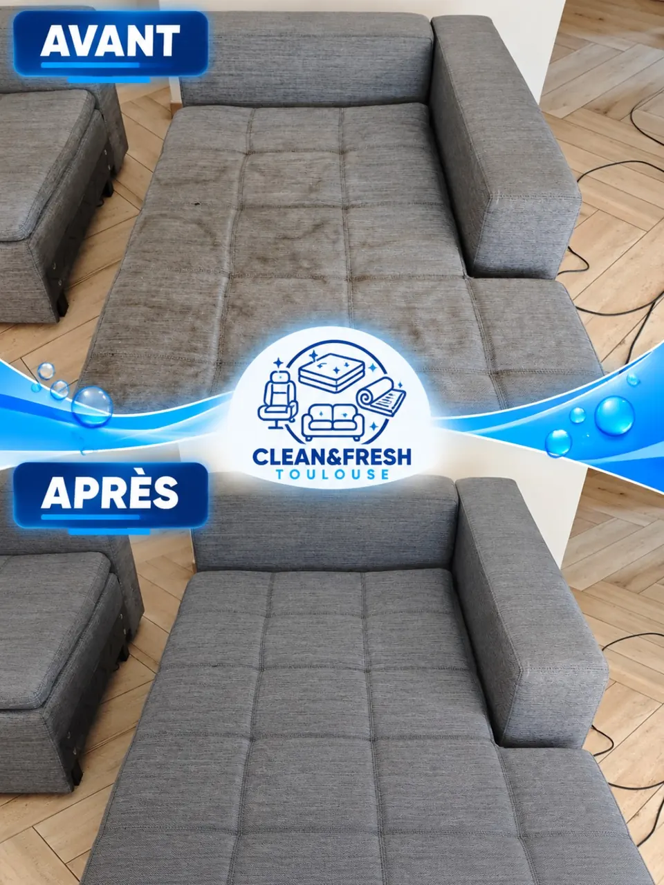 Détachage d’une méridienne grise à Toulouse — avant et après nettoyage — Clean&Fresh