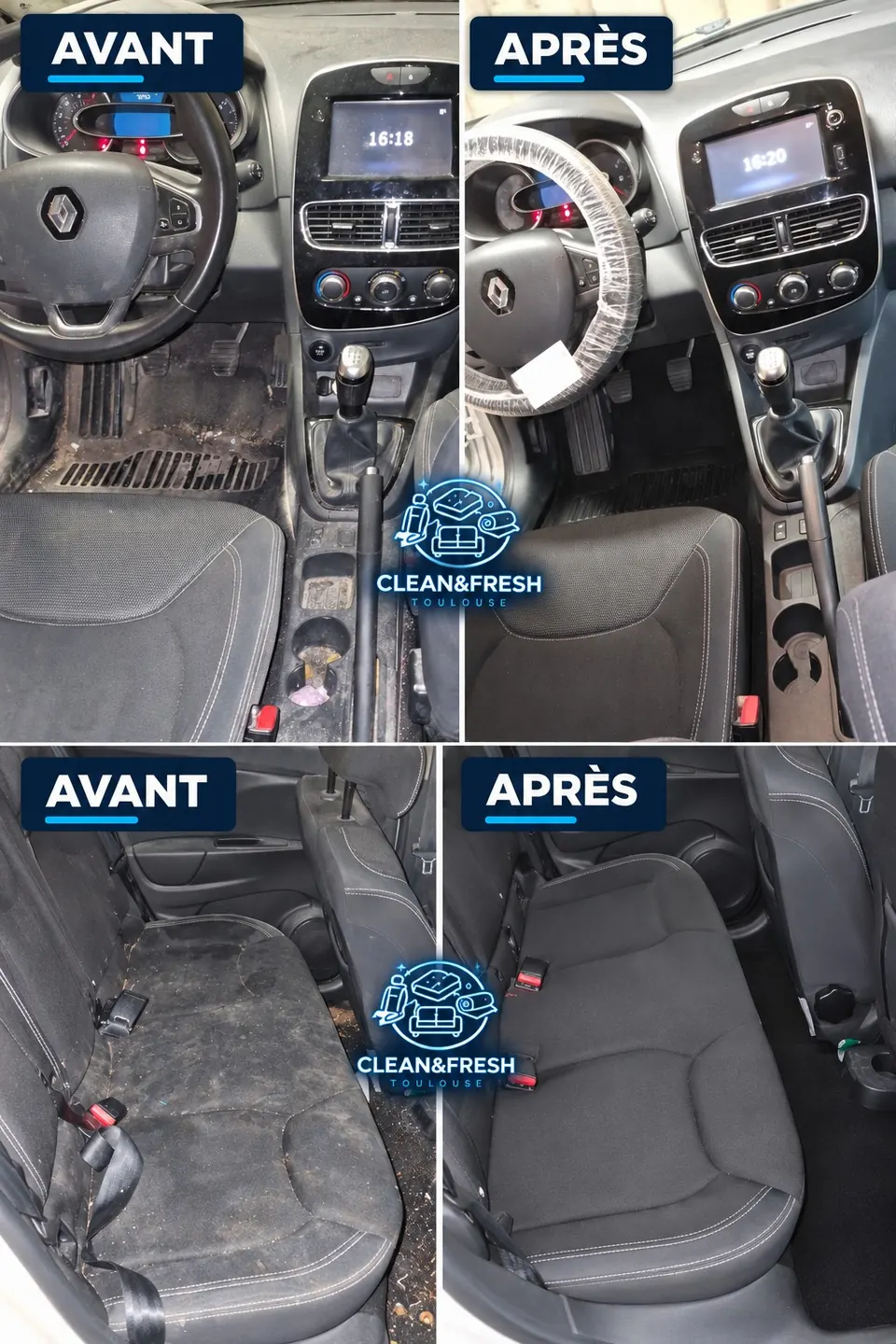 Nettoyage auto : nettoyage complet de l’habitacle à Toulouse — avant et après nettoyage — Clean&Fresh