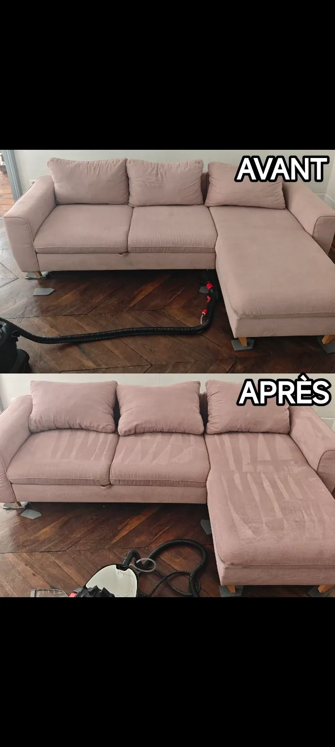 Nettoyage d’un canapé d’angle rose à Toulouse — avant et après nettoyage — Clean&Fresh