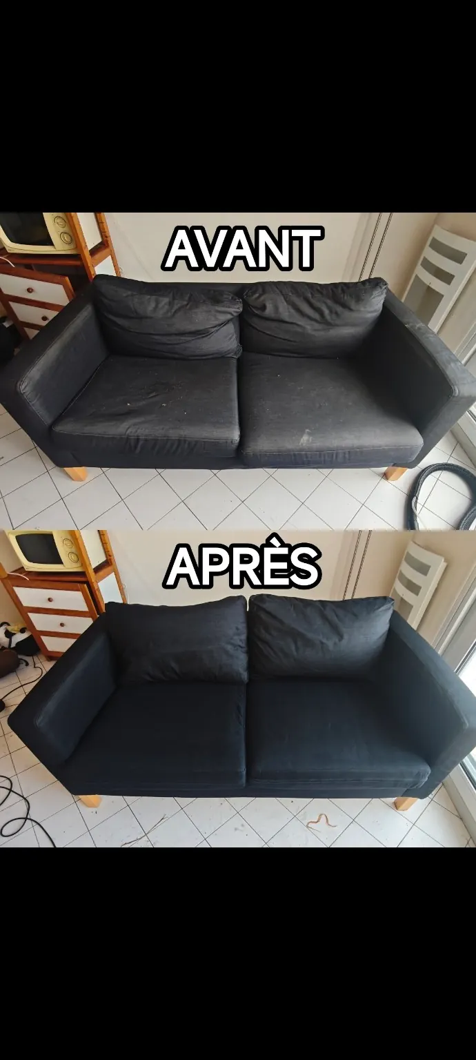 Nettoyage d’un canapé noir à Toulouse — avant et après nettoyage — Clean&Fresh