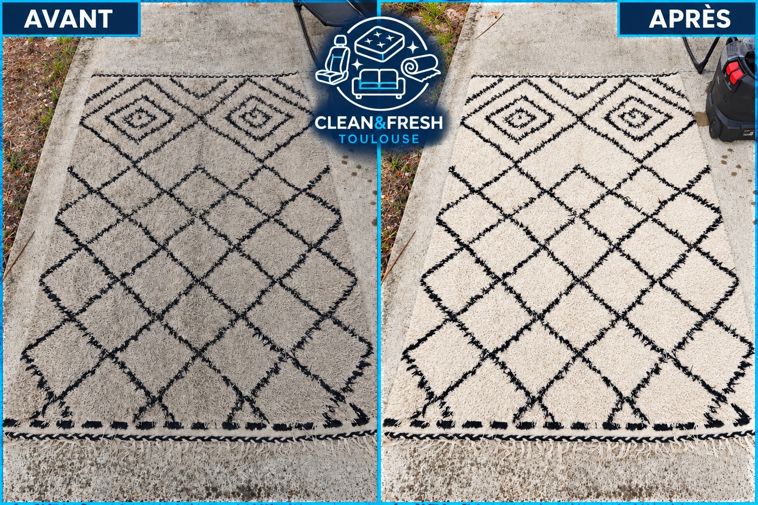 Détachage d’un tapis clair à motifs à Toulouse — avant et après nettoyage — Clean&Fresh