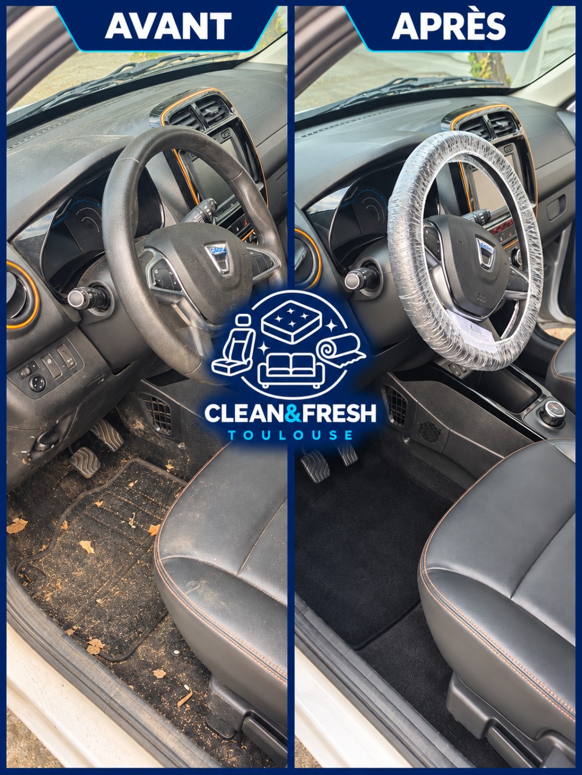 Nettoyage auto : nettoyage intérieur d’une Dacia à Toulouse — avant et après nettoyage — Clean&Fresh