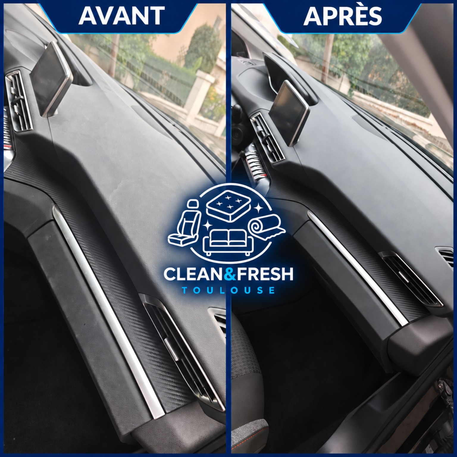 Nettoyage auto : nettoyage d’un tableau de bord poussiéreux à Toulouse — avant et après nettoyage — Clean&Fresh