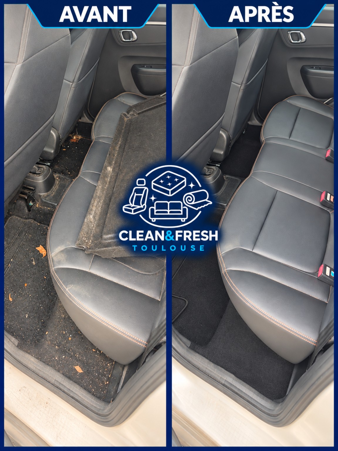 Nettoyage auto : retrait des poils d’animaux dans la voiture à Toulouse — avant et après nettoyage — Clean&Fresh
