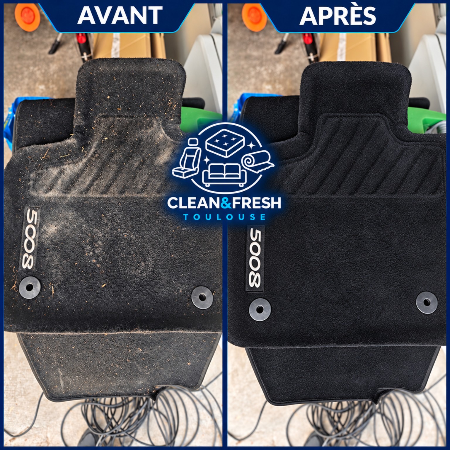 Nettoyage auto : retrait des poils sur des tapis de voiture à Toulouse — avant et après nettoyage — Clean&Fresh